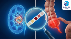 Cartoon illustration of a doctor investigating a patient with flank pain, highlighting a medical mystery and clinical reasoning.
