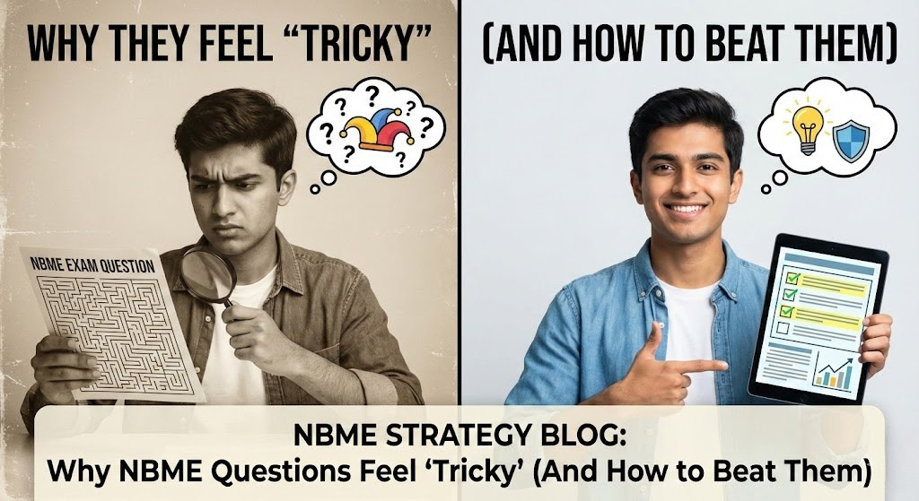 Comparison of a confused medical student looking at an NBME maze versus a confident student using a strategy checklist tablet.