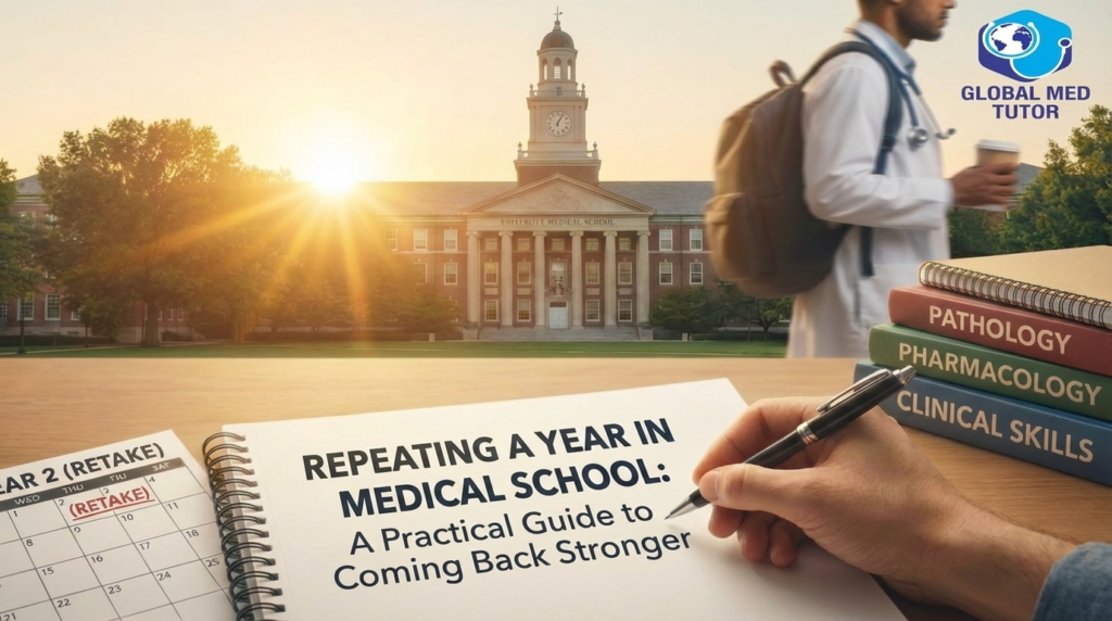 A medical student desk featuring a notebook titled "Repeating a Year in Medical School Guide," a calendar with retake dates, and textbook stacks for Pathology and Clinical Skills with the Global Med Tutor logo.
