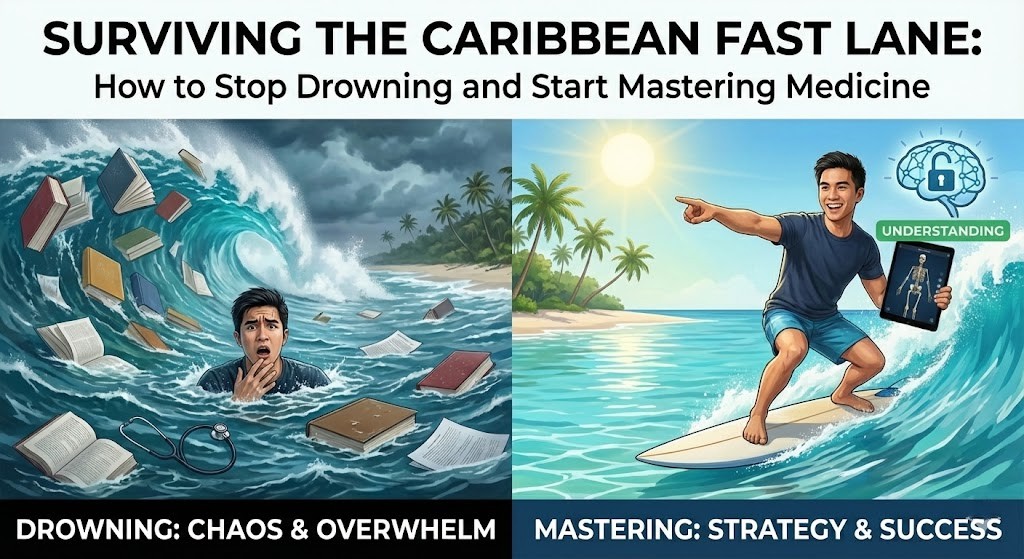 Caribbean medical student studying for NBME and USMLE exams using vertical integration.