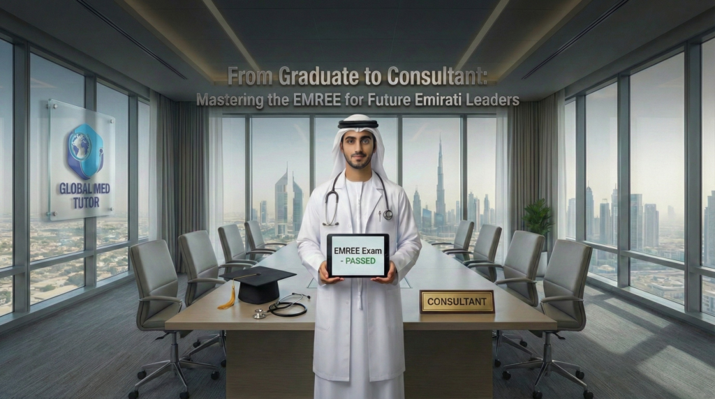 Male Emirati doctor holding a tablet with EMREE Exam Passed text, medical career path in UAE from graduate to consultant.