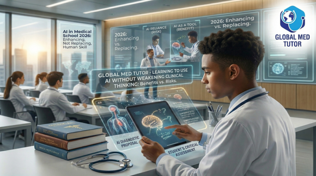 Medical student using AI to analyze a brain scan and enhance clinical thinking in 2026.